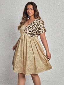SHEIN Unity Plus Leopard Print Colorblock Dress - Apricot - View 3