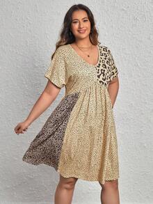 SHEIN Unity Plus Leopard Print Colorblock Dress - Apricot - View 4