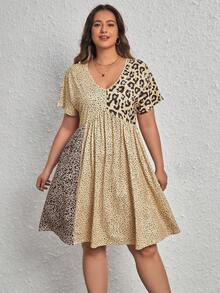 SHEIN Unity Plus Leopard Print Colorblock Dress - Apricot - View 5