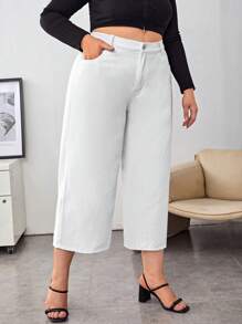 SHEIN Essnce Plus Wide Leg Cropped Jeans - White - View 3