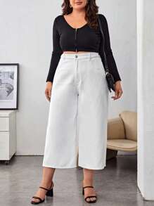 SHEIN Essnce Plus Wide Leg Cropped Jeans - White - View 4