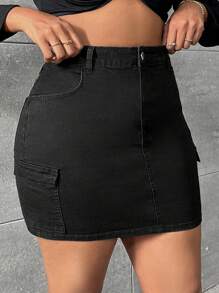 SHEIN SXY Hơn Túi nắp bên cạnh Váy Denim - màu đen - Xem 1
