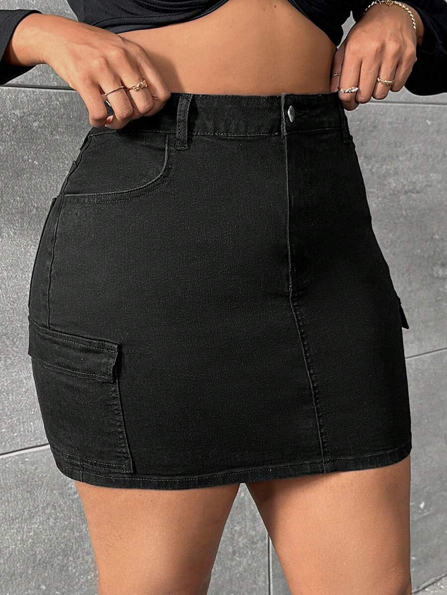 SHEIN SXY Hơn Túi nắp bên cạnh Váy Denim - màu đen - Xem 1