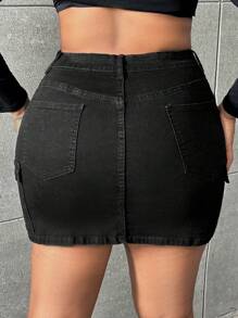 SHEIN SXY Hơn Túi nắp bên cạnh Váy Denim - màu đen - Xem 2