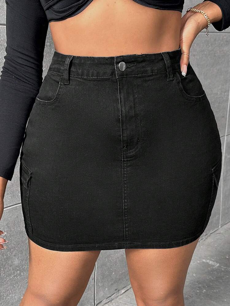 SHEIN SXY Hơn Túi nắp bên cạnh Váy Denim - màu đen - Xem 4