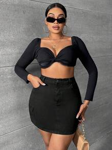 SHEIN SXY Hơn Túi nắp bên cạnh Váy Denim - màu đen - Xem 6