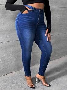 SHEIN SXY Plus Solid Skinny Jeans - Dark Wash - View 4