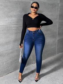 SHEIN SXY Plus Solid Skinny Jeans - Dark Wash - View 5