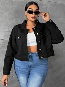 SHEIN SXY Hơn Túi có nắp Thả vai Áo khoác denim - màu đen - Xem 1