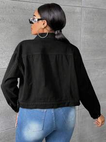 SHEIN SXY Hơn Túi có nắp Thả vai Áo khoác denim - màu đen - Xem 2