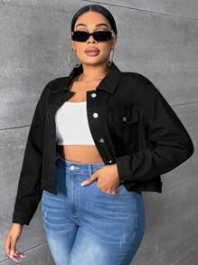 SHEIN SXY Hơn Túi có nắp Thả vai Áo khoác denim - màu đen - Xem 3