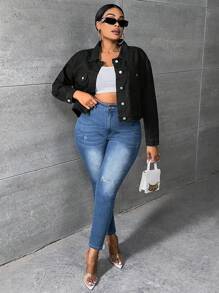 SHEIN SXY Hơn Túi có nắp Thả vai Áo khoác denim - màu đen - Xem 4
