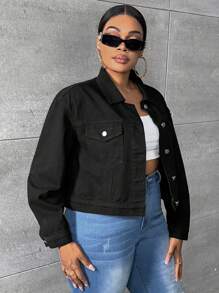 SHEIN SXY Hơn Túi có nắp Thả vai Áo khoác denim - màu đen - Xem 5