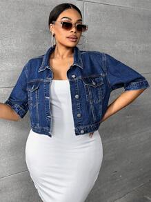 SHEIN SXY Plus Flap Pocket Crop Denim Jacket - Dark Wash - View 1