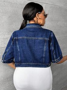 SHEIN SXY Plus Flap Pocket Crop Denim Jacket - Dark Wash - View 2