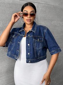 SHEIN SXY Plus Flap Pocket Crop Denim Jacket - Dark Wash - View 5