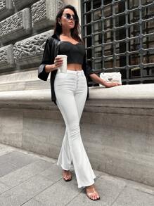 EURMUSE Button Fly Flare Leg Jeans - White - View 4