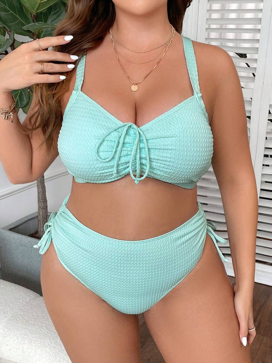 SHEIN Swim Curve 大尺碼前拉繩高腰比基尼套裝，夏季沙灘出行必備 - 淺藍色 - 查看 1