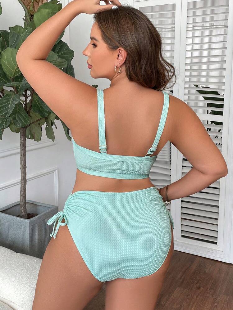SHEIN Swim Curve 大尺碼前拉繩高腰比基尼套裝，夏季沙灘出行必備 - 淺藍色 - 查看 2