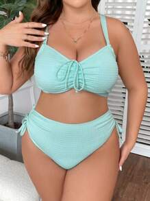 SHEIN Swim Curve 大尺碼前拉繩高腰比基尼套裝，夏季沙灘出行必備 - 淺藍色 - 查看 3