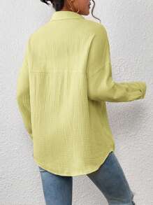 SHEIN Essnce 落肩袖口袋貼布前紐扣襯衫 - 黃色 - 查看 2