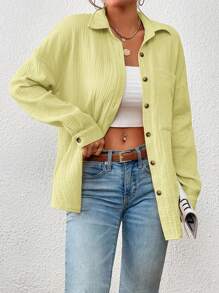 SHEIN Essnce 落肩袖口袋貼布前紐扣襯衫 - 黃色 - 查看 4