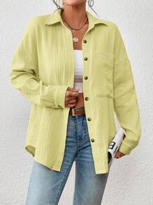 SHEIN Essnce 落肩袖口袋貼布前紐扣襯衫 - 黃色 - 查看 5