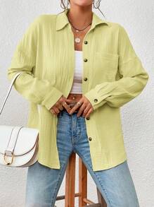 SHEIN Essnce 落肩袖口袋貼布前紐扣襯衫 - 黃色 - 查看 6