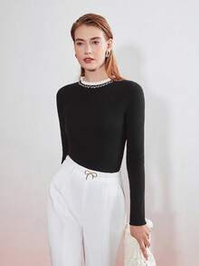 MOTF PREMIUM 褶邊領水鑽套頭毛衣 - 黑色 - 查看 8