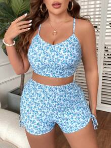 SHEIN Swim Curve 小花卉印花束口泳裝套裝 - 藍色 - 查看 1