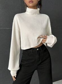 SHEIN EZwear 夏季服装 高领 落肩 T 恤 - 米色 - 查看 2
