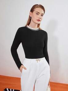 MOTF PREMIUM 褶邊領水鑽套頭毛衣 - 黑色 - 查看 6