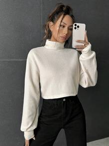 SHEIN EZwear 夏季服装 高领 落肩 T 恤 - 米色 - 查看 5