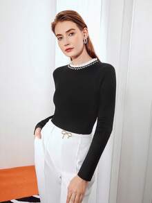 MOTF PREMIUM 褶邊領水鑽套頭毛衣 - 黑色 - 查看 9