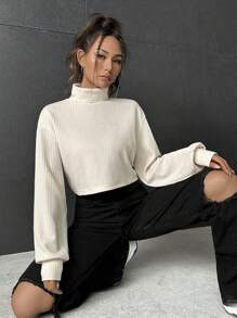 SHEIN EZwear 夏季服装 高领 落肩 T 恤 - 米色 - 查看 4