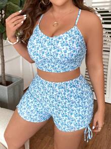 SHEIN Swim Curve 小花卉印花束口泳裝套裝 - 藍色 - 查看 6