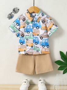 SHEIN Young Boy Bus Print Shirt & Shorts - Multicolor - View 1