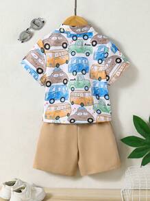 SHEIN Young Boy Bus Print Shirt & Shorts - Multicolor - View 2