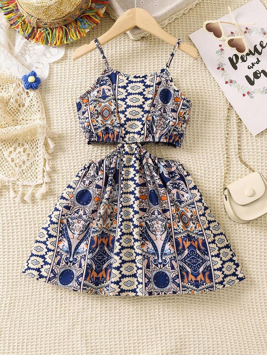 SHEIN Young Girl Geo Print Cut Out Cami Dress - Multicolor - View 1