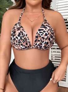 SHEIN Swim Curve 大碼豹紋印花後背繫帶吊脖提臀比基尼泳裝上衣 - 彩色 - 查看 3