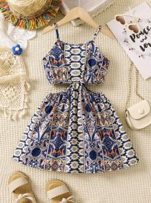 SHEIN Young Girl Geo Print Cut Out Cami Dress - Multicolor - View 2