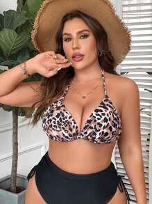 SHEIN Swim Curve 大碼豹紋印花後背繫帶吊脖提臀比基尼泳裝上衣 - 彩色 - 查看 5