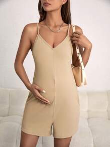 SHEIN 孕婦隱藏口袋吊帶連體短褲 - 卡其色 - 查看 3