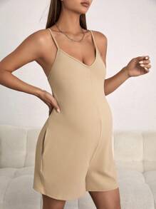 SHEIN 孕婦隱藏口袋吊帶連體短褲 - 卡其色 - 查看 5