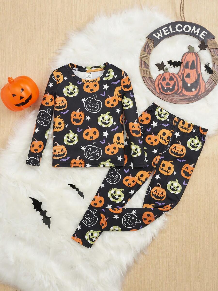 SHEIN Young Boy Halloween Pumpkin Print Snug Fit PJ Set - Multicolor - View 1