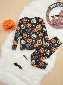 SHEIN Young Boy Halloween Pumpkin Print Snug Fit PJ Set - Multicolor - View 2