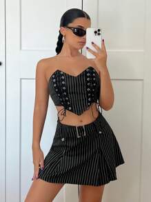 SHEIN ICON 條紋印花帶扣細節褶皺半身裙 - 黑色 - 查看 4