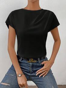 SHEIN Essnce Blusa unicolor de manga murciélago - Negro - Ver 3
