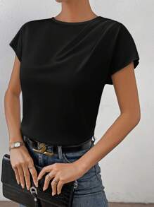 SHEIN Essnce Blusa unicolor de manga murciélago - Negro - Ver 5