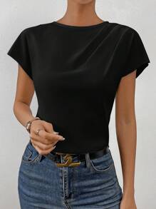 SHEIN Essnce Blusa unicolor de manga murciélago - Negro - Ver 6